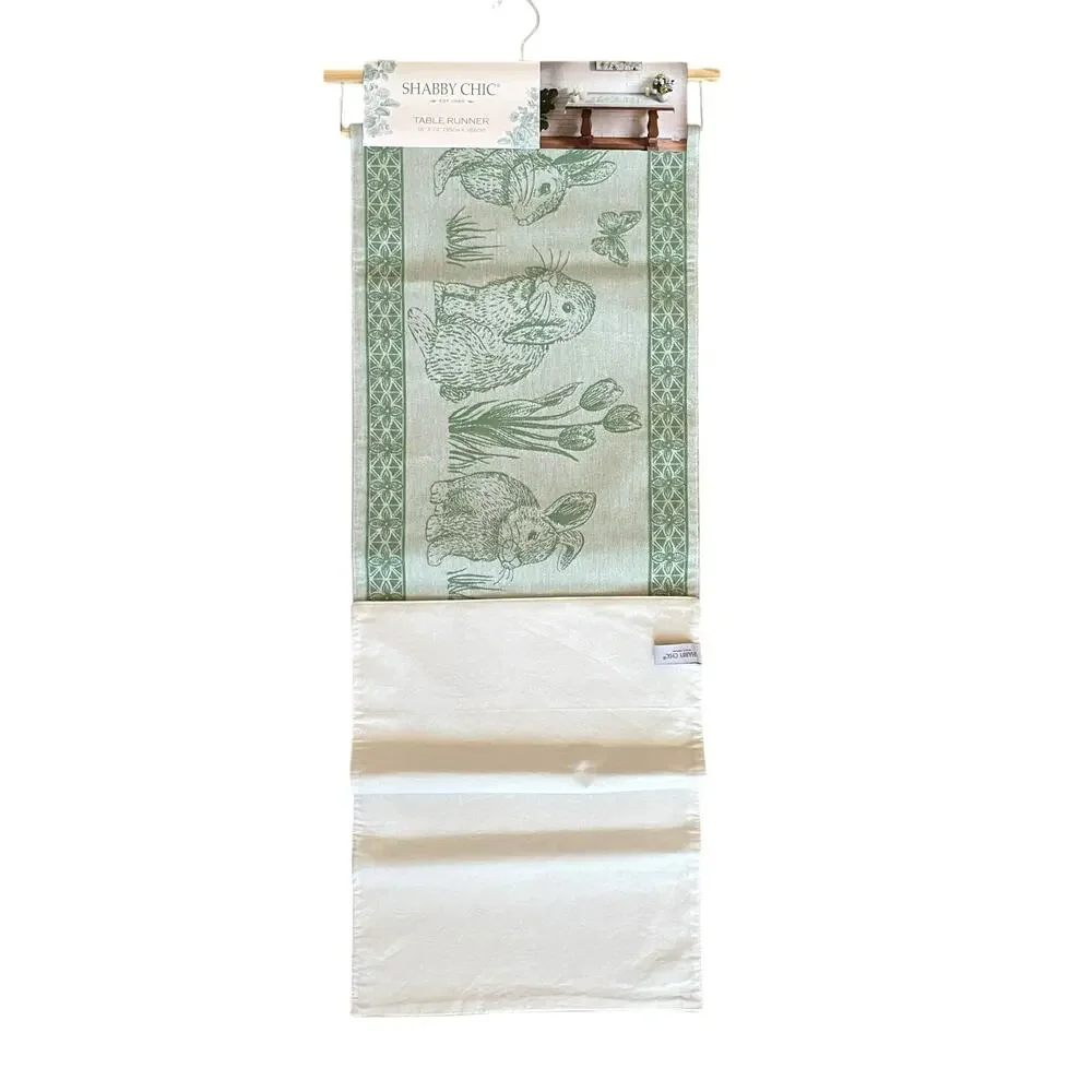 Shabby Chic Bunny Rabbit Cotton 14x72 Table Runner Pastel Green Spring Easter